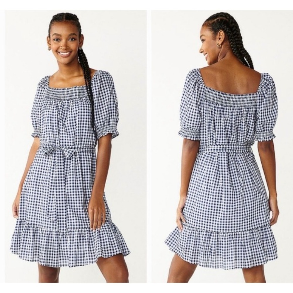 Draper James RSVP Navy Gingham Smocked Puff‎ Sleeve Spring Wedding Guest Dress